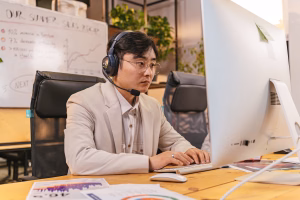 person using business phone - Fireline Broadband business telephone features