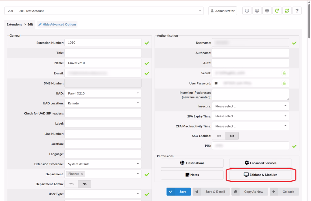 Extension setup screen, accesable from the Home, Extensions menu option.